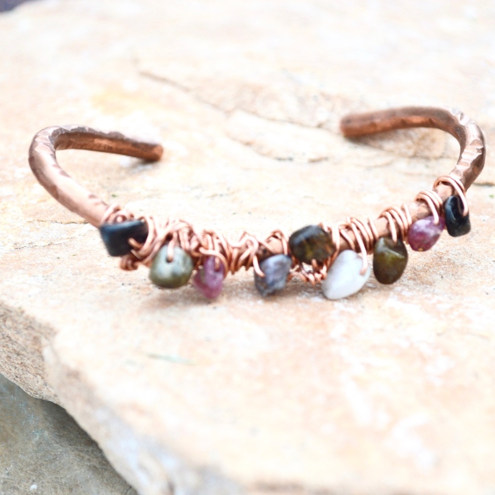 Pink Black Green Tourmaline Copper Cuff Bracelet - Picture 5 of 9